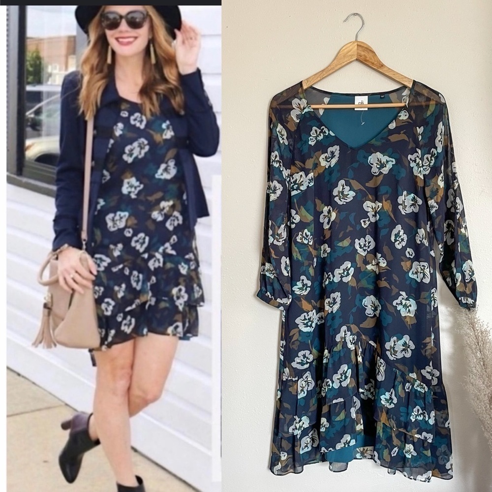 CAbi |โ Floral Blue & Tan Sheath Dress, medium - Picture 1 of 10